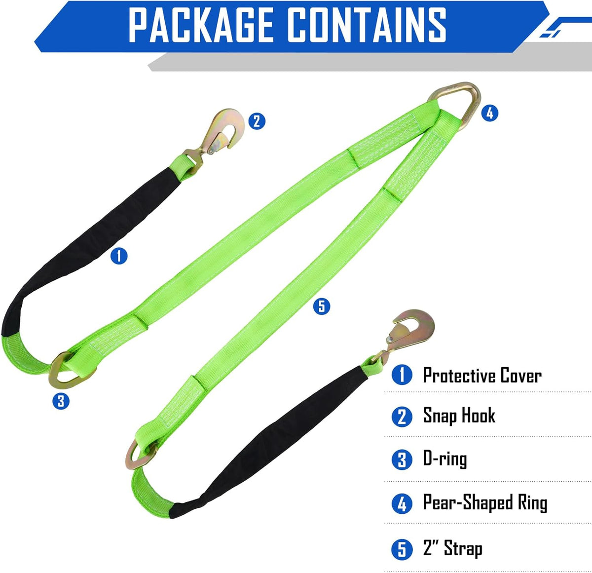 V-Bridle Strap 2" x 4' w/Snap Hooks/Cordura Sleeve and Axle Strap, D Ring Middle, 4700 lbs Capacity Heavy-Duty Tow Straps for UTV ATV Truck Car Tractor SUV