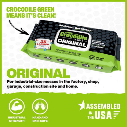 Crocodile Cloth Original Cleaning Wipes, Heavy-Duty Multi-Surface Hand & Tool Wipes, Water-Based, Safe on Skin, 100 Count, 15 x 10 Inch