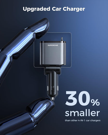 Retractable Car Charger, SUPERONE 99W Car Phone Charger with Cables Fast Charging, USB C Car Charger Adapter for iPhone 17 16 15 14 13 12, Samsung, Black