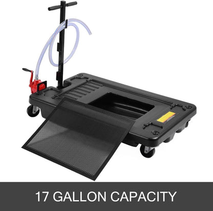VEVOR Low Profile Oil Drain Pan, 17 Gal Capacity, Rolling Oil Drain Pan with 110V High-Flow Electric Pump, 7.2 ft Hose & T Folding Handle, Leak-proof & Corrosion-resistant, Fit for Trucks, ATVs, Black