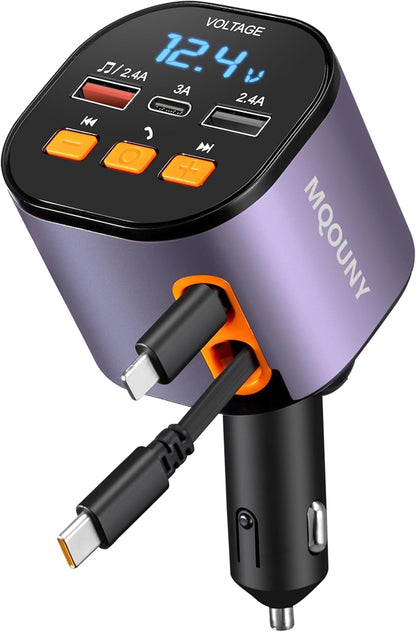 Retractable Car Charger,5 in 1 Fast Cars Phone Charger 90W,Bluetooth 5.3 FM Transmitter Adapter,Handsfree Call,2 Retractable Cables and USB Chargers for iPhone17/16 15/14/13