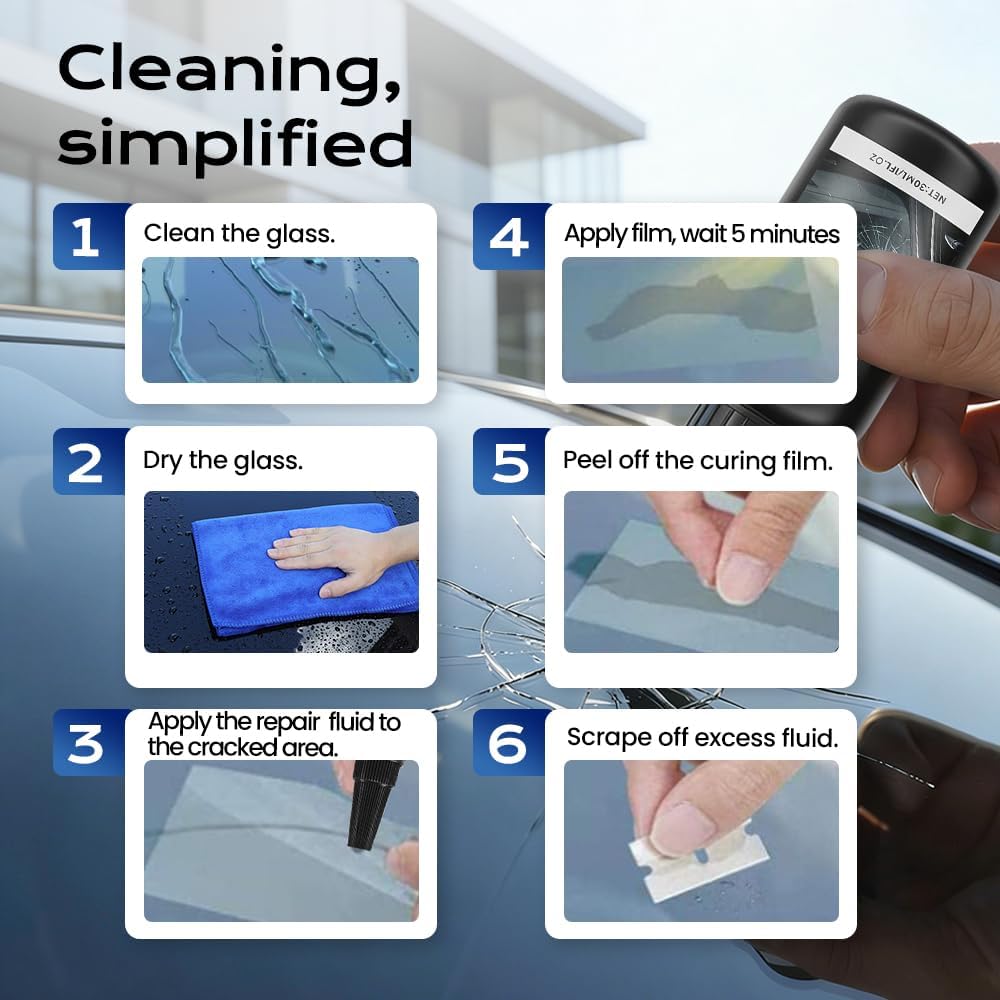 Windshield Crack Repair Kit, 2026 New Advanced Formula Quick Fix with 30ml Glass Repair Liquid 1 Towel 1 Blade 5 Curing Films, Universal Cracks Gone Glass Repair Kit (1 * Black)
