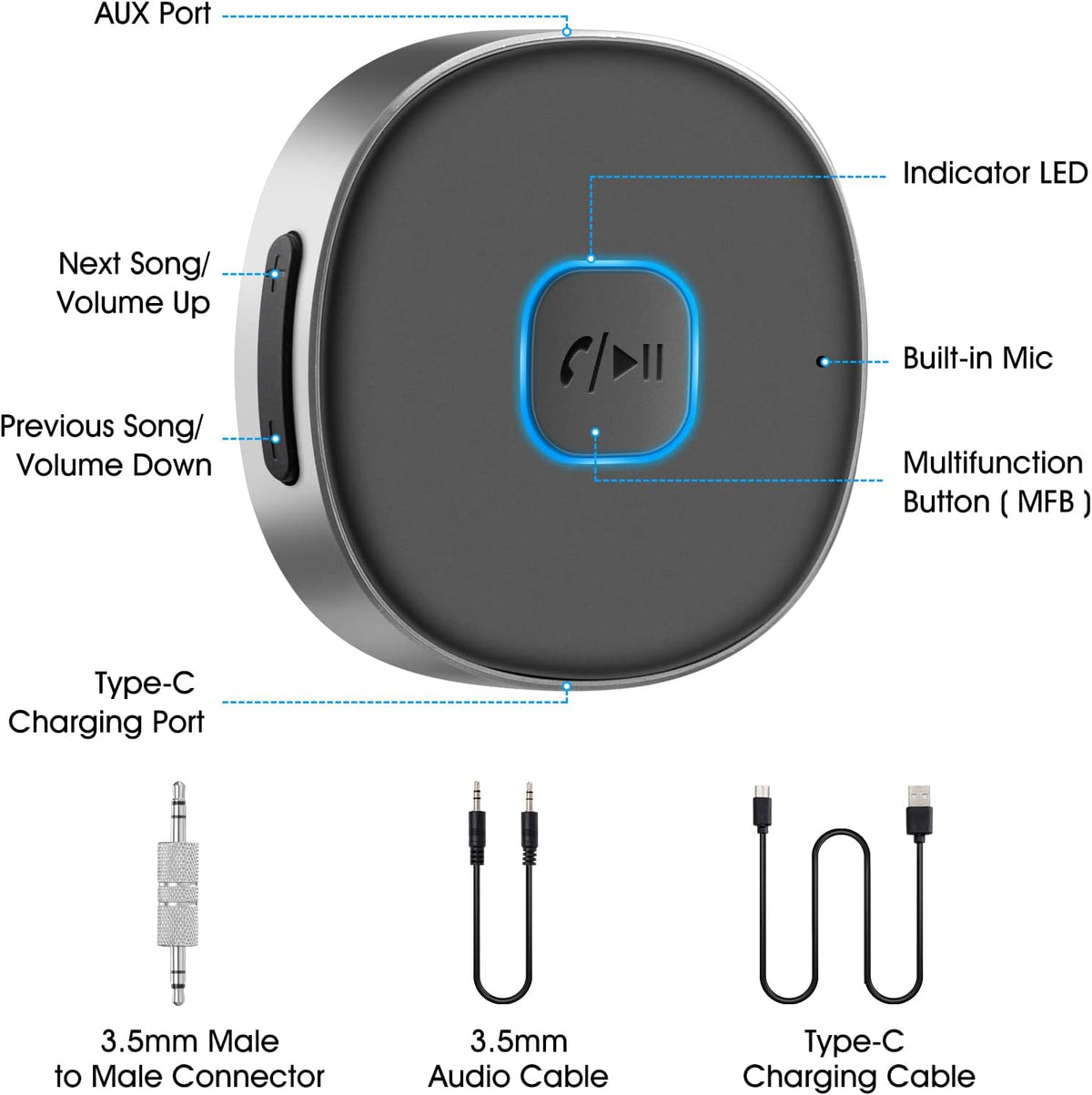 Bluetooth Receiver, LAICOMEIN Portable 3.5mm Aux Car Adapter, Bluetooth Wireless Audio Receiver for Car/Home Stereo/Wired Headphones/Speaker, 16H Battery Life