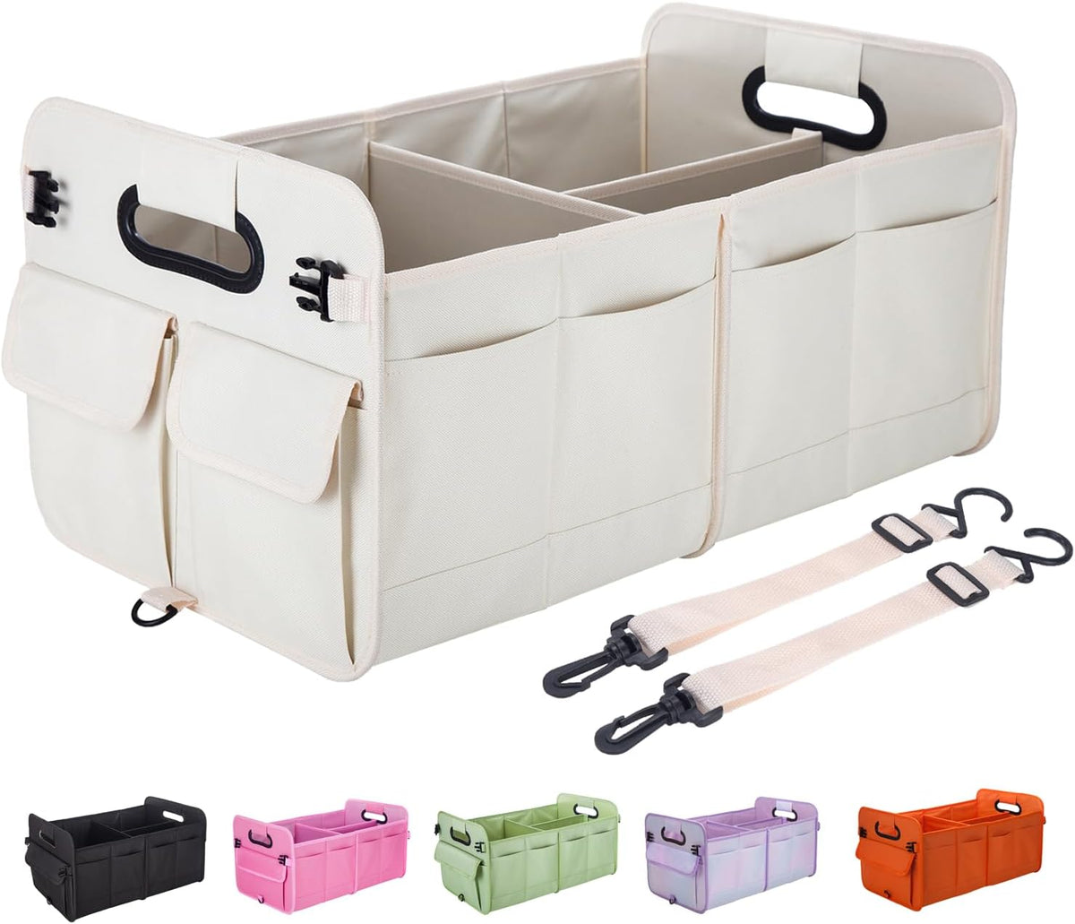 titiyiof Trunk Organizer For Suv & Sedan,Car Organizers and Storage, Waterproof Collapsible & Adjustable Straps,Sturdy Car Organization for Car Accessories, Tools,Food，Sundries,2-3 Compartment（Beige）