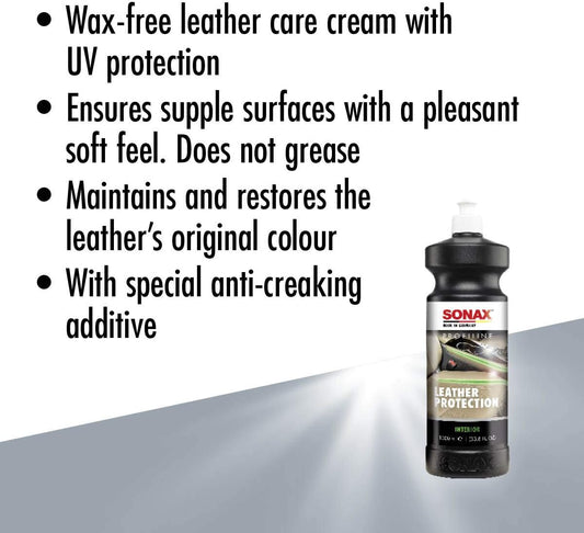 SONAX Profiline Leather Care | Nourishing Leather Conditioner with UV Protection | Prevents Cracking & Drying | Hydrophobic Surface Repels Dirt, Dust, & Water | 282300 | 1L