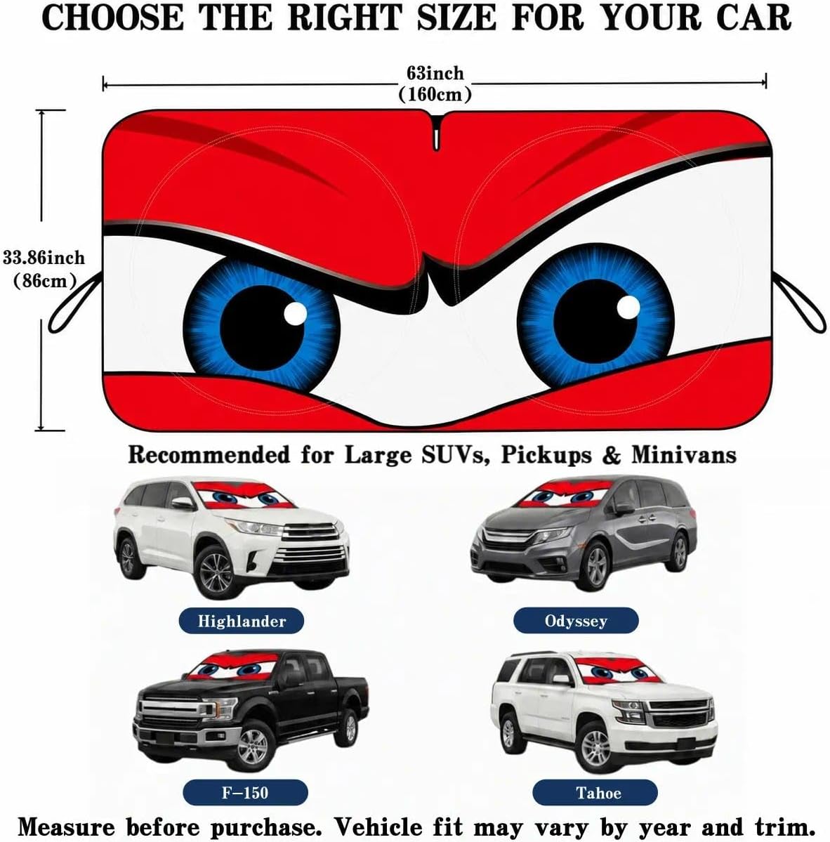 Car Windshield Sun Shade, Funny Cartoon Eyes Sun Visor for Car Windshield Universal Fits Sedan Compact Car Hatchback SUV, UV Heat Protection - 59 x 27.5