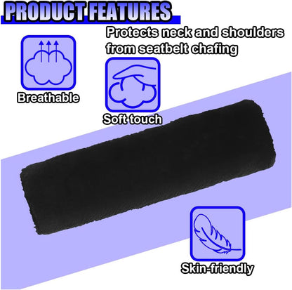2PCS Car Seat Belt Cover Pads - Soft Faux Sheepskin Seat Belt Shoulder Strap Cover Harness Pad for Comfortable Driving - Universal Fluffy Car Seatbelt Cushion Protect Shoulder&Neck (Black)