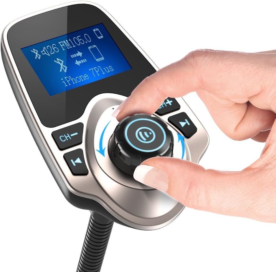 Nulaxy KM18 Bluetooth 5.4 Car Adapter with 1.44" Clear Display & Flexible Gooseneck - FM Radio Transmitter & Bluetooth Receiver for Hands-Free Calls, Wireless Music via BT/FM/AUX/TF, USB Car Charger