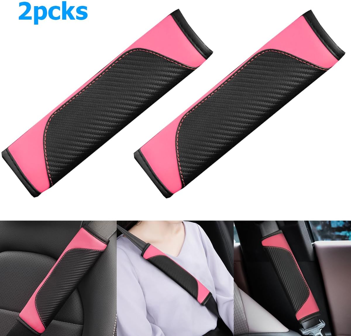 AUCELI 2PCS Car Seat Belt Cover, Carbon Fiber Seatbelt Shoulder Strap Covers, Breathable Leather Soft Harness Pad Protect Your Neck and Shoulder Compatible with Cars