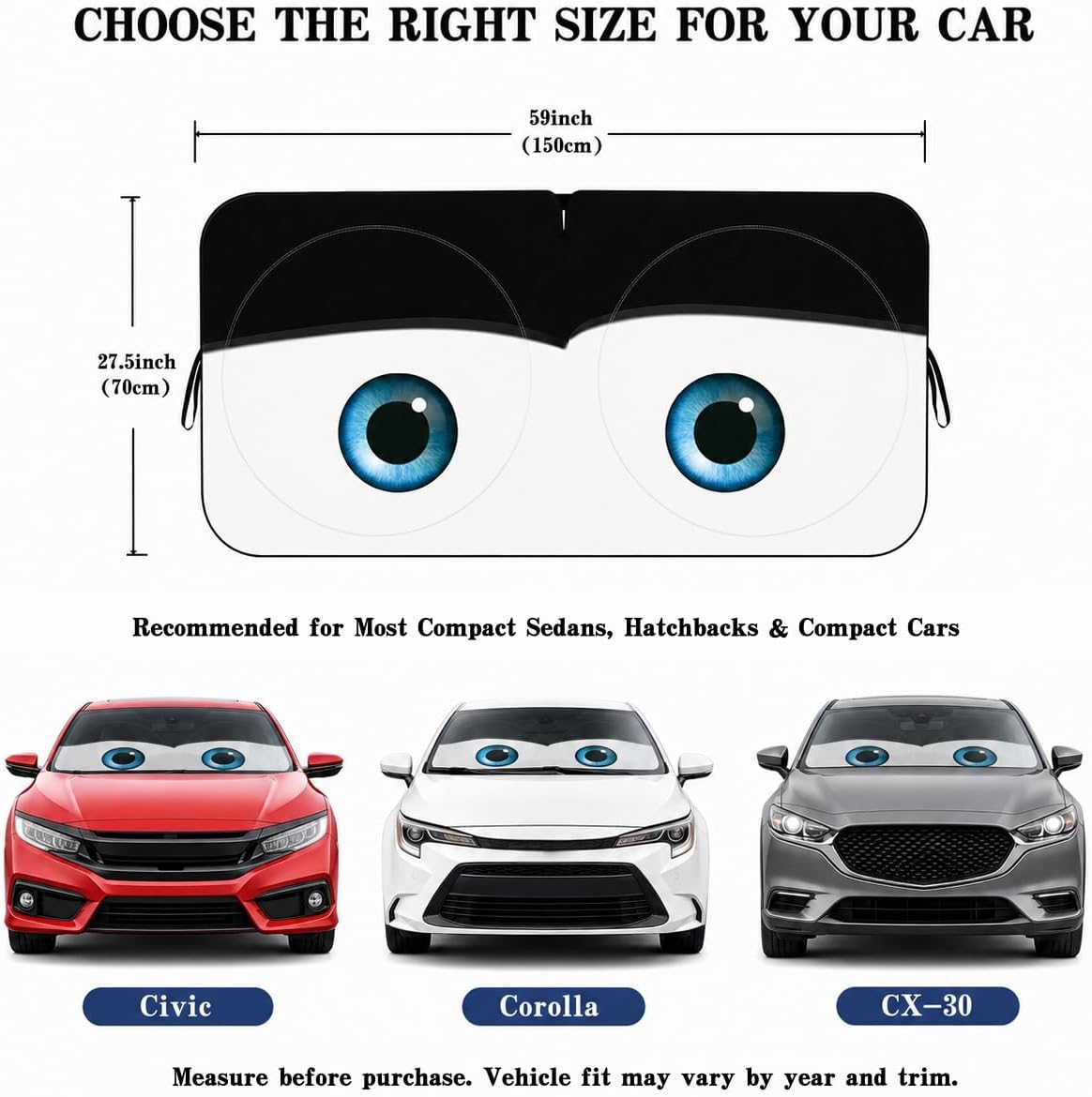 Car Windshield Sun Shade, Funny Cartoon Eyes Sun Visor for Car Windshield Universal Fits Sedan Compact Car Hatchback SUV, UV Heat Protection - 59 x 27.5