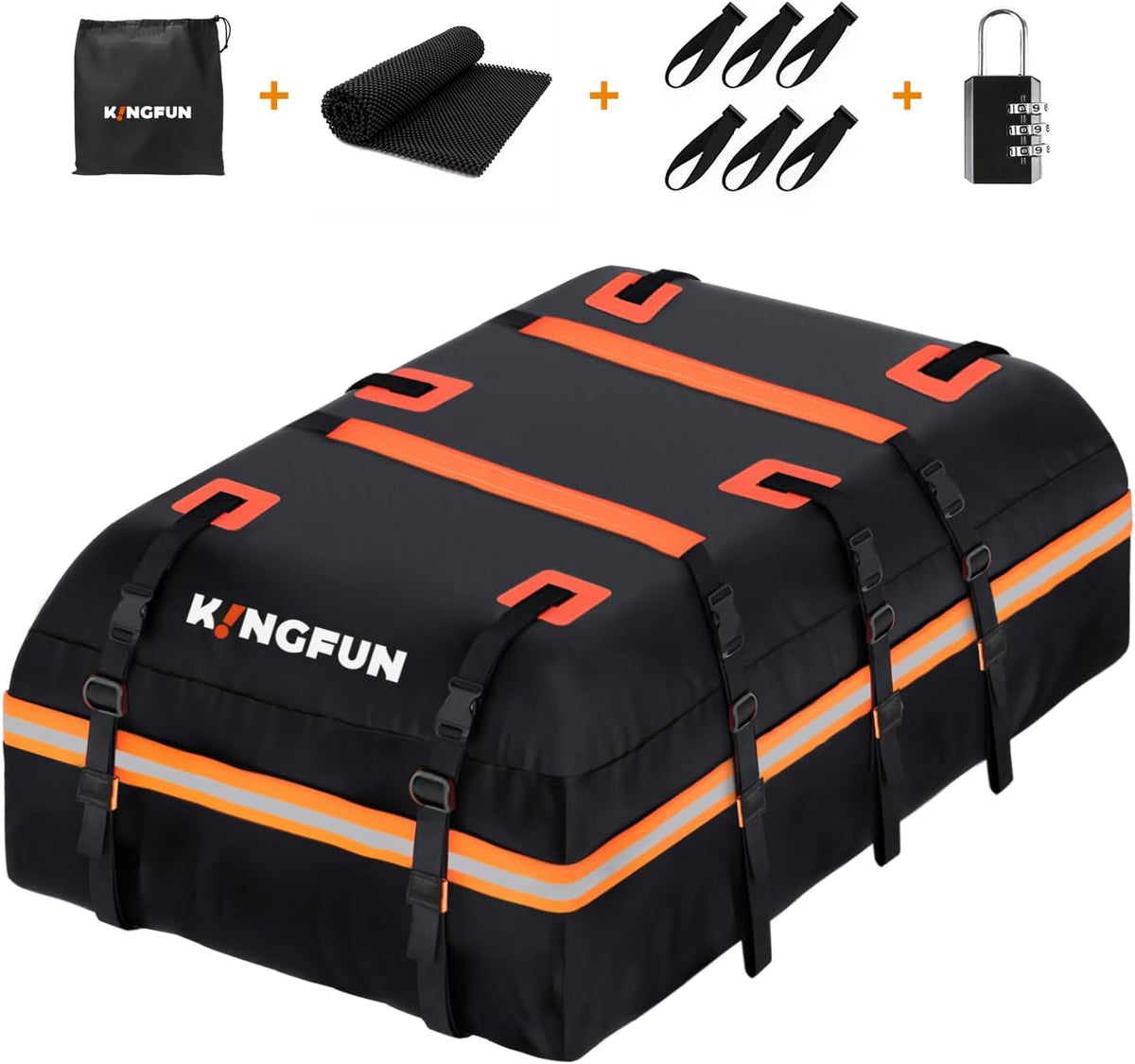 Kingfun Car Rooftop Cargo Carrier – Waterproof 20 Cubic Feet Car Roof Bag Fit All Vehicles with/Without Roof Racks, Includes Anti-Slip Mat, 8 Reinforced Straps & 6 Door Hooks, Luggage Locks（Black）