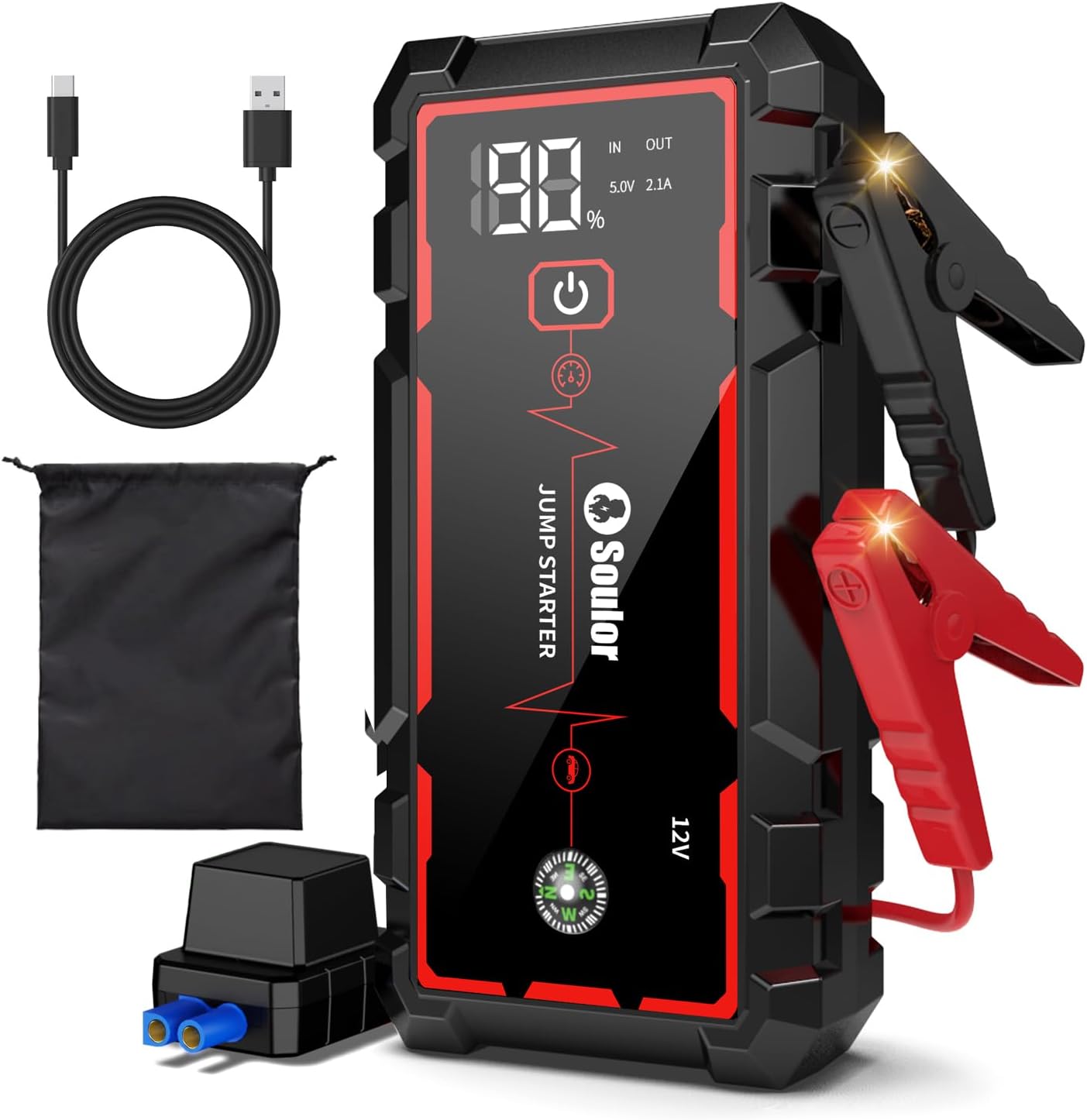 Jump Starter, Battery Jumper Starter Portable, Car Battery Jump Starter with 3 Modes Flashlight, Compass, Power Bank and Jumper Cable