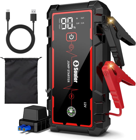 Jump Starter, Battery Jumper Starter Portable, Car Battery Jump Starter with 3 Modes Flashlight, Compass, Power Bank and Jumper Cable