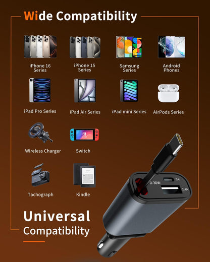 Retractable Car Charger,Car Phone Charger USB C Fast Charge,Cigarette Lighter USB Charger Car Accessories for Women,Road Trip Essentials Gift for Men,Car Charger for iPhone 17/16/15,Galaxy S26,Pixel