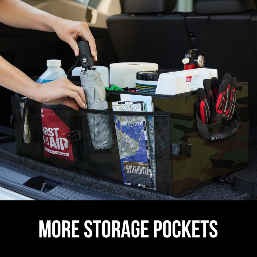 GORILLA GRIP Trunk Organizer for SUV and Cars, Large Capacity Collapsible Car Trunk Storage Organizer, Heavy Duty Car Accessories, Gifts for Mom and Dad, Slip & Water Resistant Multi Compartment Black