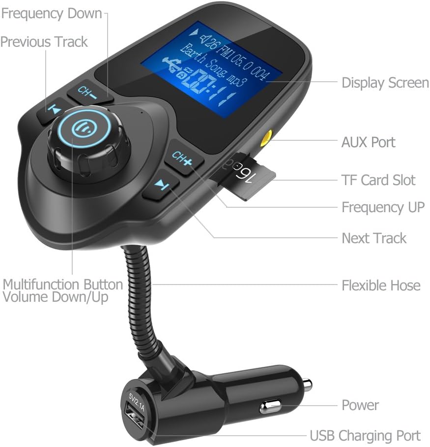 Nulaxy KM18 Bluetooth 5.4 Car Adapter with 1.44" Clear Display & Flexible Gooseneck - FM Radio Transmitter & Bluetooth Receiver for Hands-Free Calls, Wireless Music via BT/FM/AUX/TF, USB Car Charger