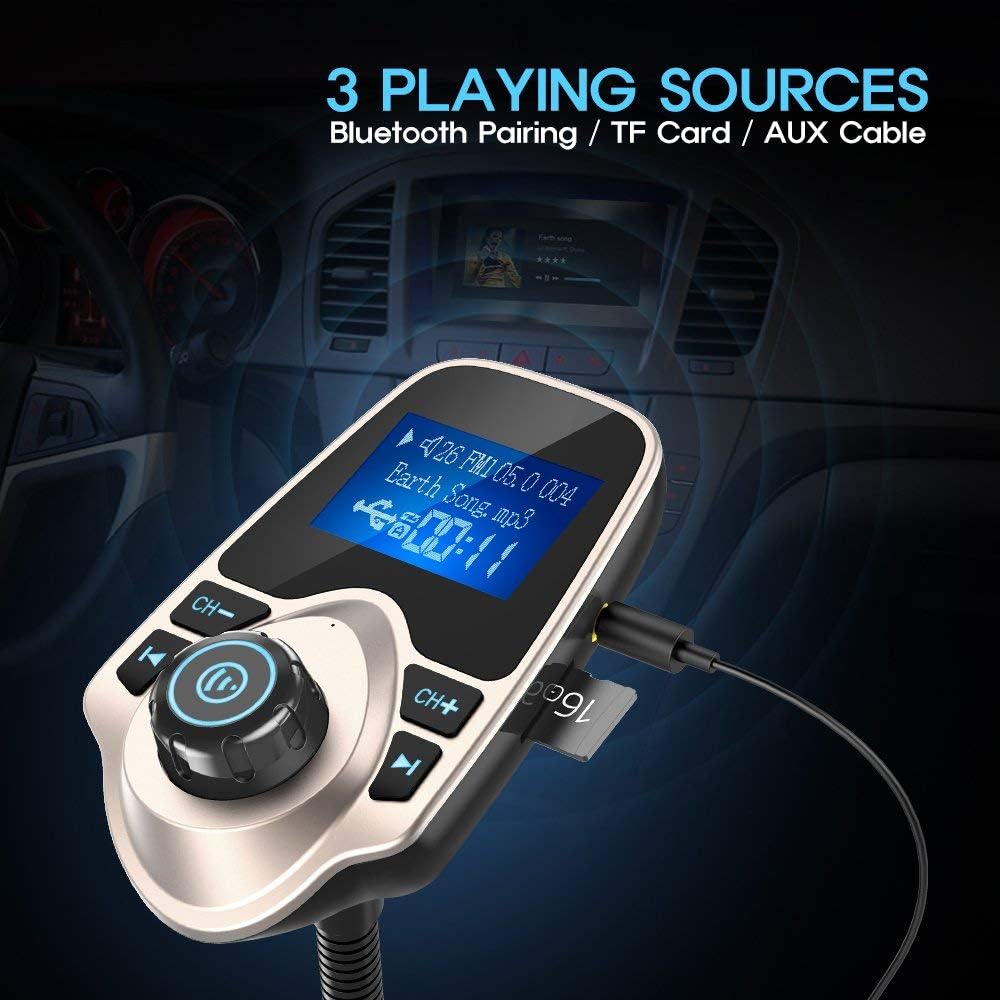 Nulaxy KM18 Bluetooth 5.4 Car Adapter with 1.44" Clear Display & Flexible Gooseneck - FM Radio Transmitter & Bluetooth Receiver for Hands-Free Calls, Wireless Music via BT/FM/AUX/TF, USB Car Charger