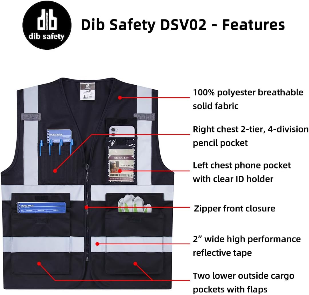 Dib Safety Reflective Safety Vest for Men Women, High Visibility Vest with Pockets and Zipper, ANSI Class 2