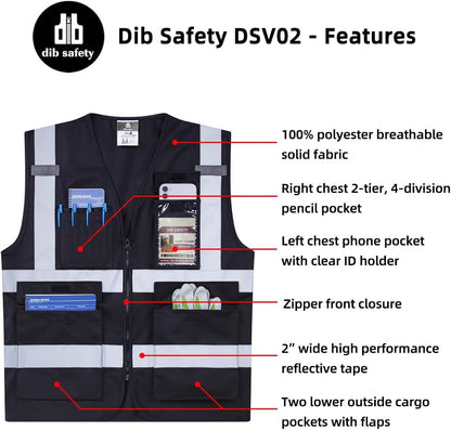 Dib Safety Reflective Safety Vest for Men Women, High Visibility Vest with Pockets and Zipper, ANSI Class 2