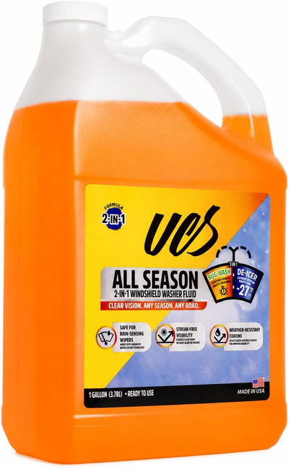 UCS 2-in-1 Windshield Washer Fluid 2-Pack (1 Gallon Each, 256 fl oz Total) – Ready to Use, Streak-Free Formula, All-Weather Cleaning, Removes Bugs, Dirt & Road Grime – Premium Windshield Cleaner
