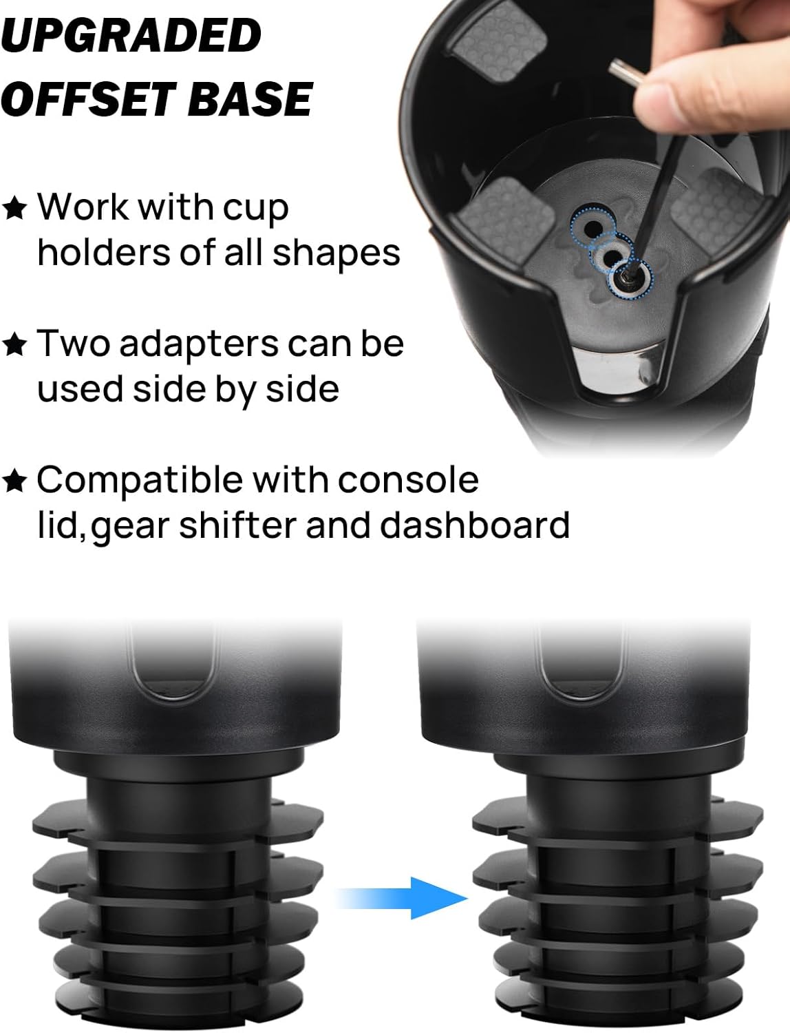 JOYTUTUS Upgraded Car Cup Holder Expander with Offset Base, Fit for YETI, Hydro Flask, Large Cup Holder Expander for Car Hold 18-40 oz Bottles and Mugs, Other Bottles in 3.4"-3.8"(Bling)