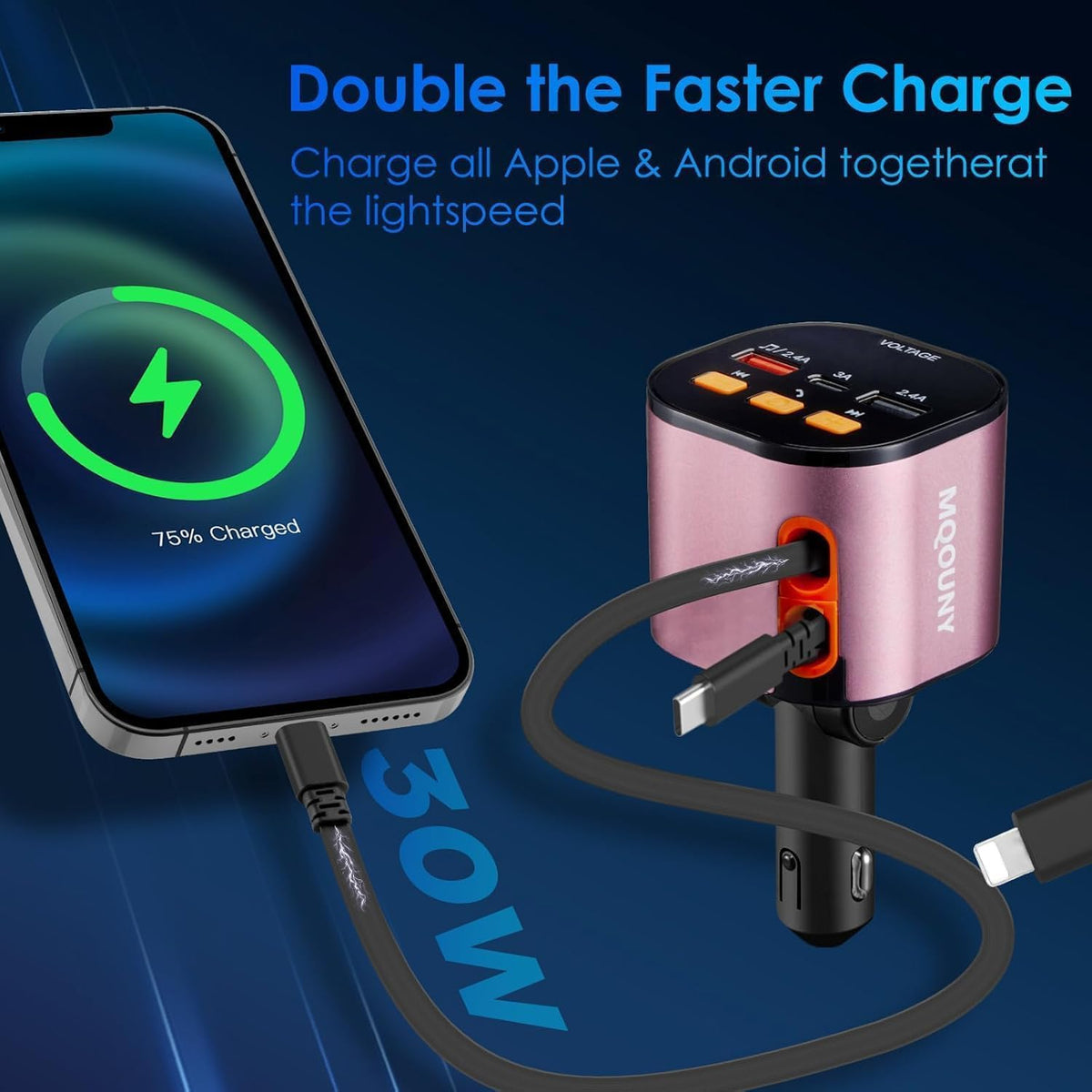 Retractable Car Charger,5 in 1 Fast Cars Phone Charger 90W,Bluetooth 5.3 FM Transmitter Adapter,Handsfree Call,2 Retractable Cables and USB Chargers for iPhone17/16 15/14/13
