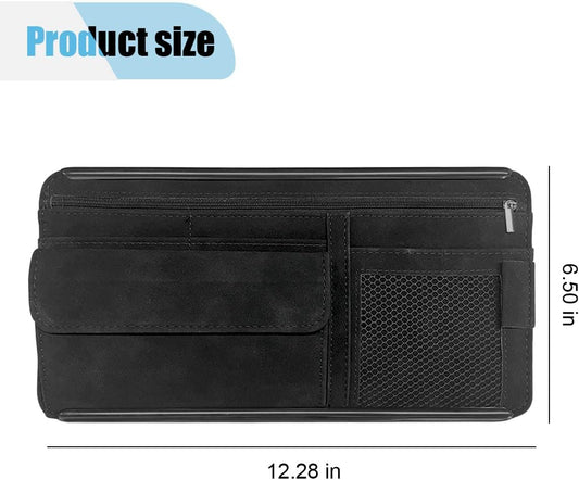 Suede Car Sun Visor Organizer with Multi-Pocket Net Zipper, Glasses Case, Sunglass Holder (Grey)