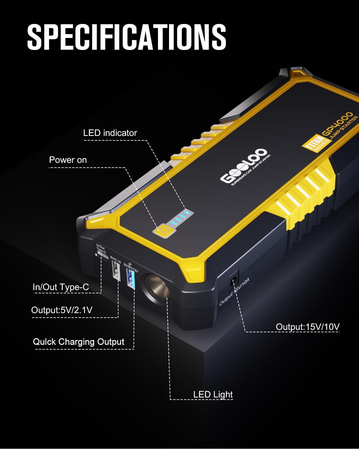 GOOLOO GP4000 Jump Starter 4000A Peak Car Starter (All Gas,up to 10.0L Diesel Engine) SuperSafe 12V Lithium Jump Box,Auto Battery Booster Pack,Portable Power Pack with USB Quick Charge and Type C Port