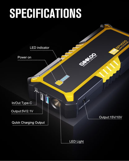 GOOLOO GP4000 Jump Starter 4000A Peak Car Starter (All Gas,up to 10.0L Diesel Engine) SuperSafe 12V Lithium Jump Box,Auto Battery Booster Pack,Portable Power Pack with USB Quick Charge and Type C Port