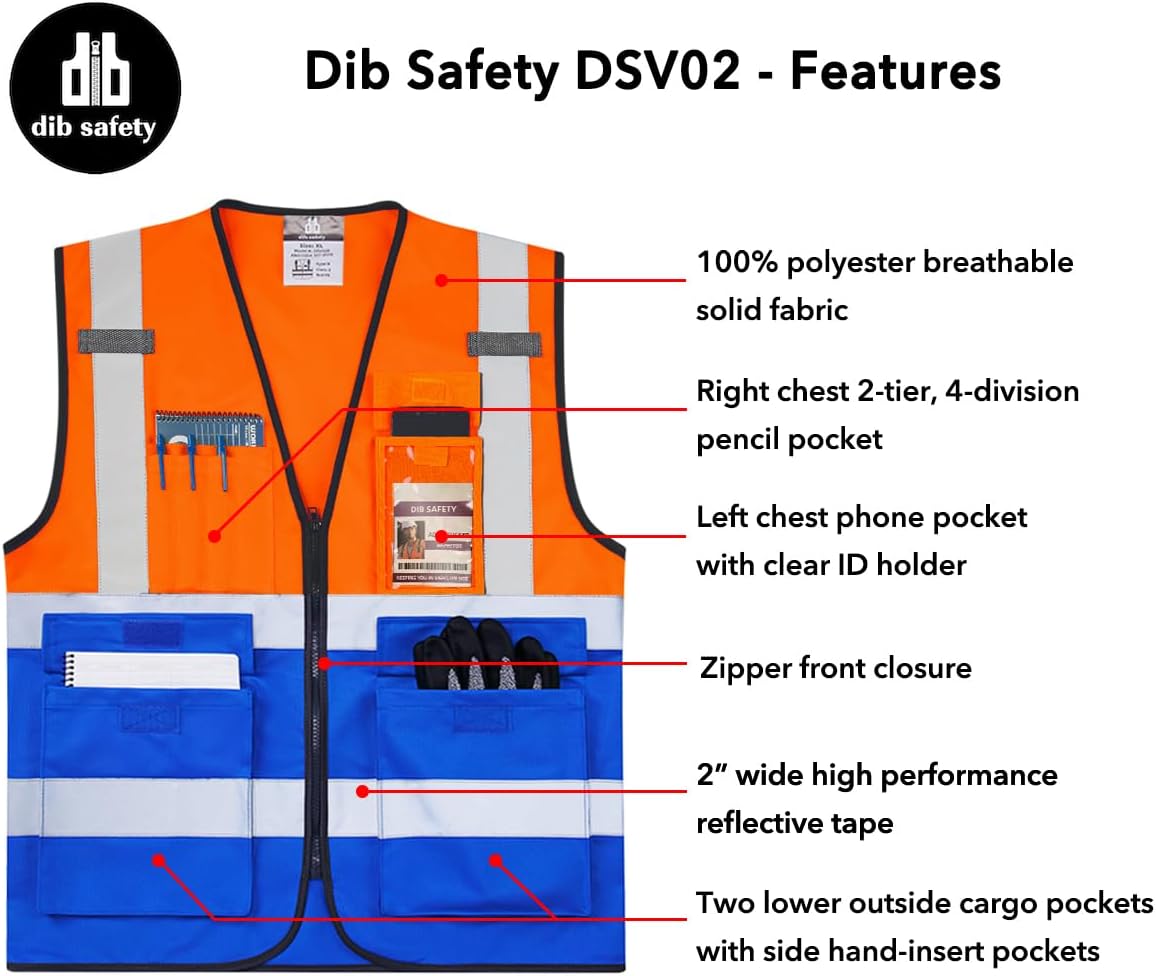 Dib Safety Reflective Safety Vest for Men Women, High Visibility Vest with Pockets and Zipper, ANSI Class 2