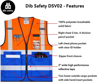 Dib Safety Reflective Safety Vest for Men Women, High Visibility Vest with Pockets and Zipper, ANSI Class 2