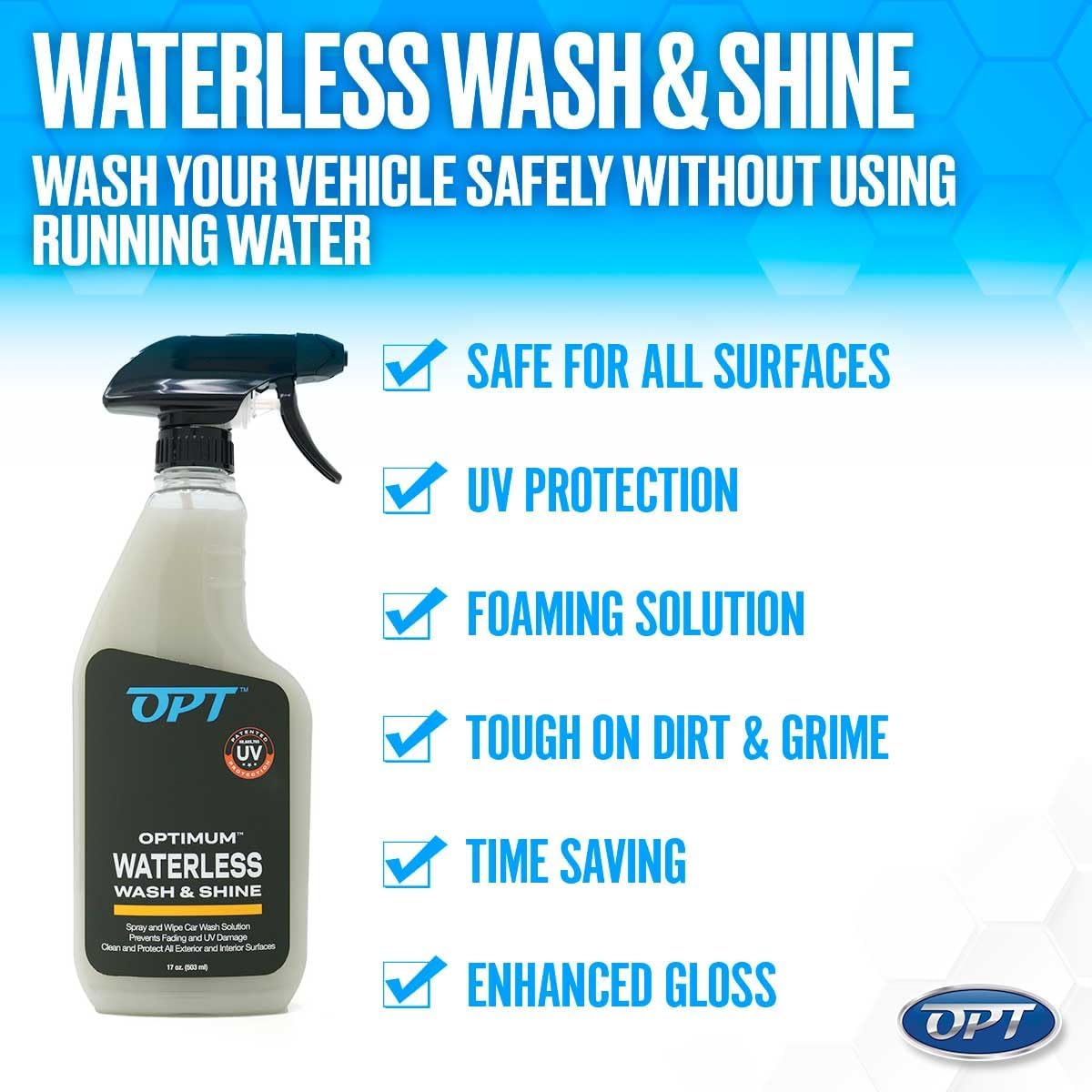 Optimum Waterless Wash and Shine - New Spray Waterless Car Wash with UV Protection, Interior and Exterior Car Cleaning Spray (17 oz.)