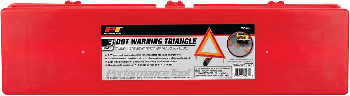 Performance Tool W1498 Large Early Warning Roadside Emergency Reflective Triangle, 3 Pack with Case (Dot Approved), 3 Pack