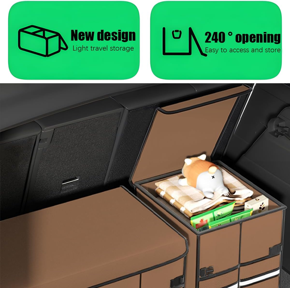Car Trunk Organizer, Multi-Compartment Collapsible Vehicle Cargo Storage Organizer with Lid, Non Slip Waterproof Storage Box with Reinforced Handles, Universal Automotive Accessories (Black)