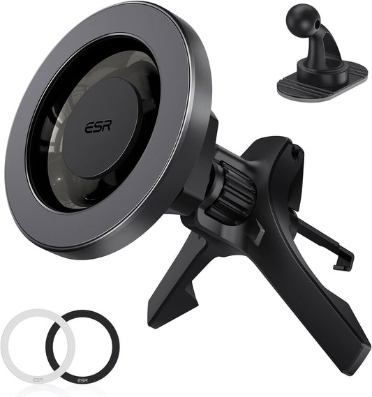 ESR for MagSafe Car Mount, Magnetic Phone Holder for Car Air Vent, Car Phone Holder Mount for iPhone 17e/17/16/16e/15/14/13/12/Samsung, All Smartphones(2 Metal Rings Included),Charging Not Supported