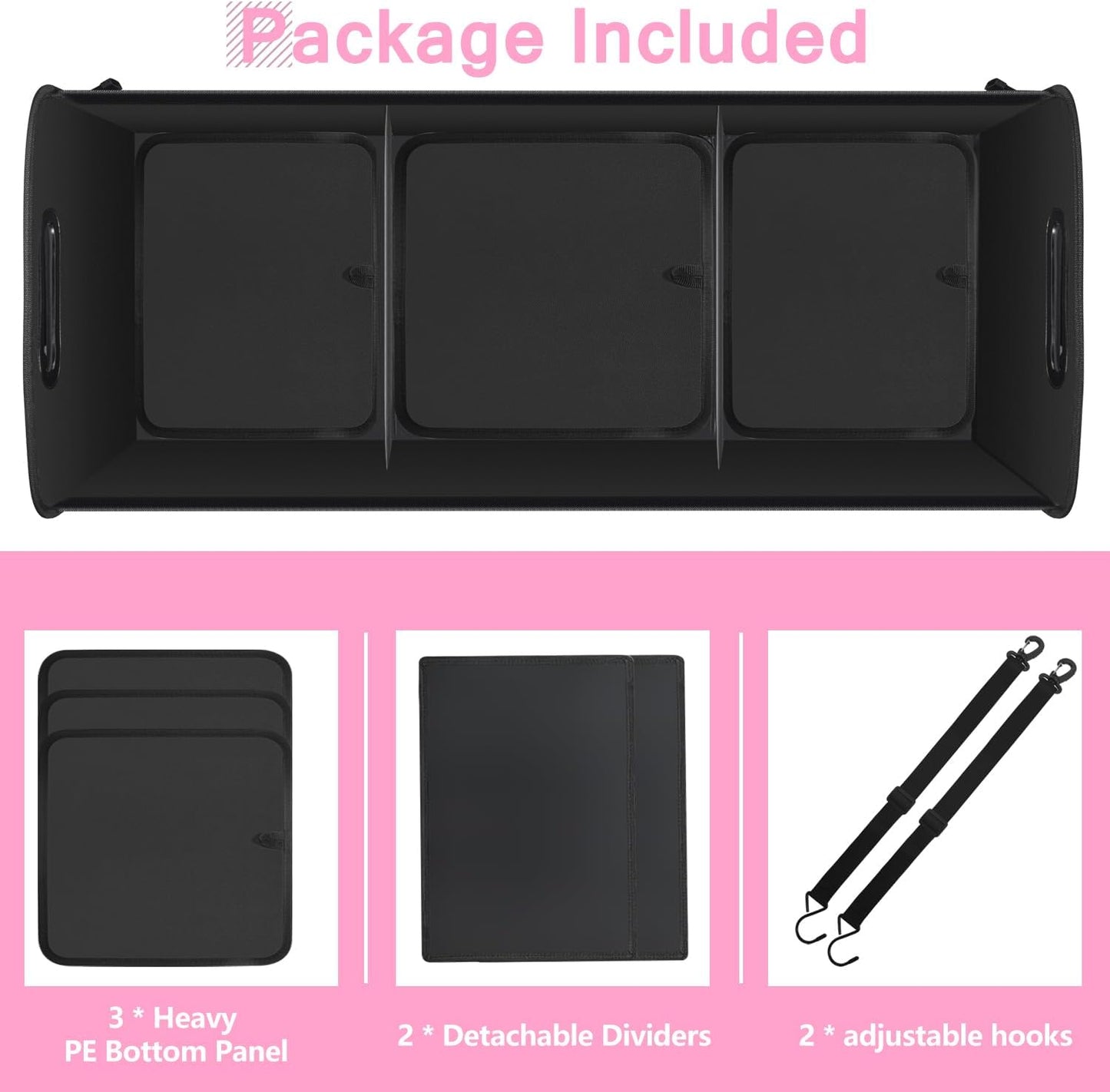 AOPHY Trunk Organizer for Car, 95L Large Capacity Trunk Storage with Non-Slip Bottom Strips, Cargo Organizer for Suv, Truck, Sedan, Waterproof Portable Car Organizers for Women Men(Pink)
