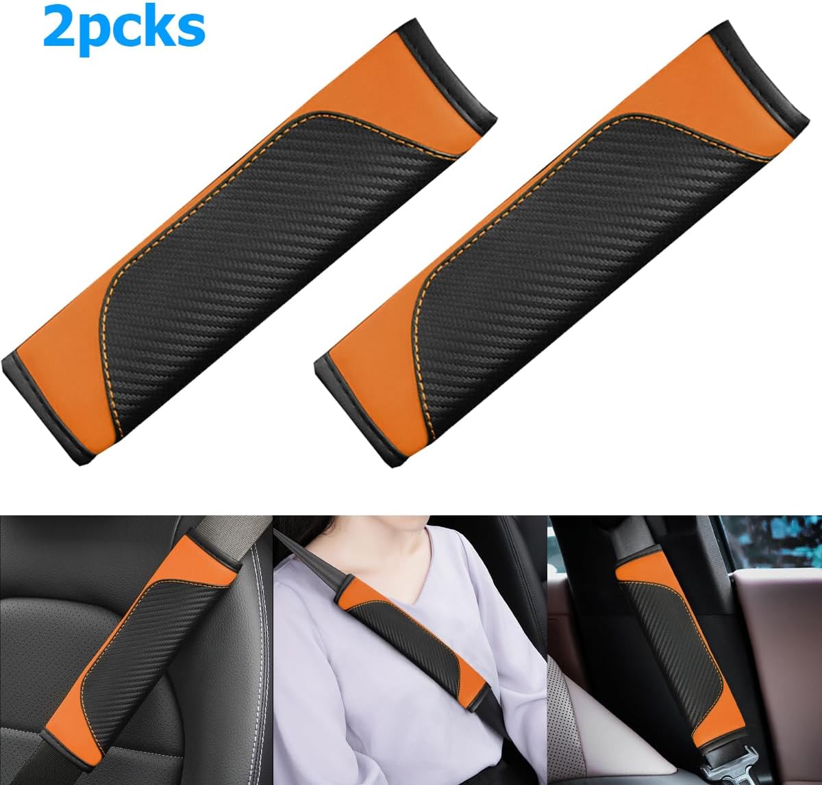 AUCELI 2PCS Car Seat Belt Cover, Carbon Fiber Seatbelt Shoulder Strap Covers, Breathable Leather Soft Harness Pad Protect Your Neck and Shoulder Compatible with Cars