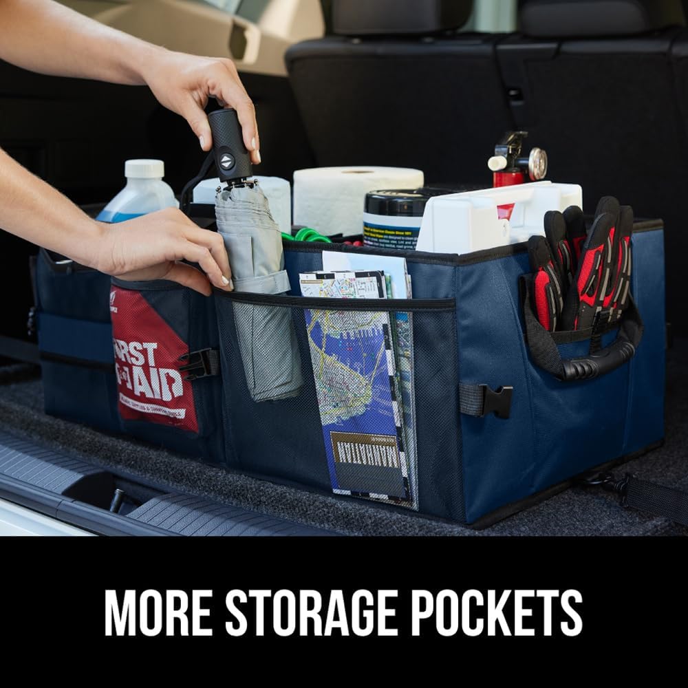 GORILLA GRIP Trunk Organizer for SUV and Cars, Large Capacity Collapsible Car Trunk Storage Organizer, Heavy Duty Car Accessories, Gifts for Mom and Dad, Slip & Water Resistant Multi Compartment Black