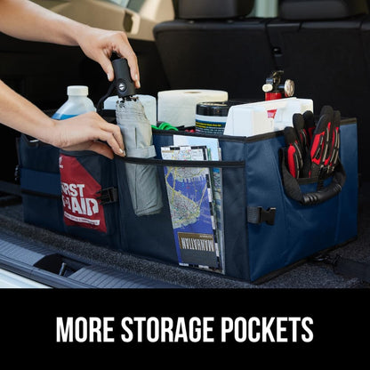 GORILLA GRIP Trunk Organizer for SUV and Cars, Large Capacity Collapsible Car Trunk Storage Organizer, Heavy Duty Car Accessories, Gifts for Mom and Dad, Slip & Water Resistant Multi Compartment Black