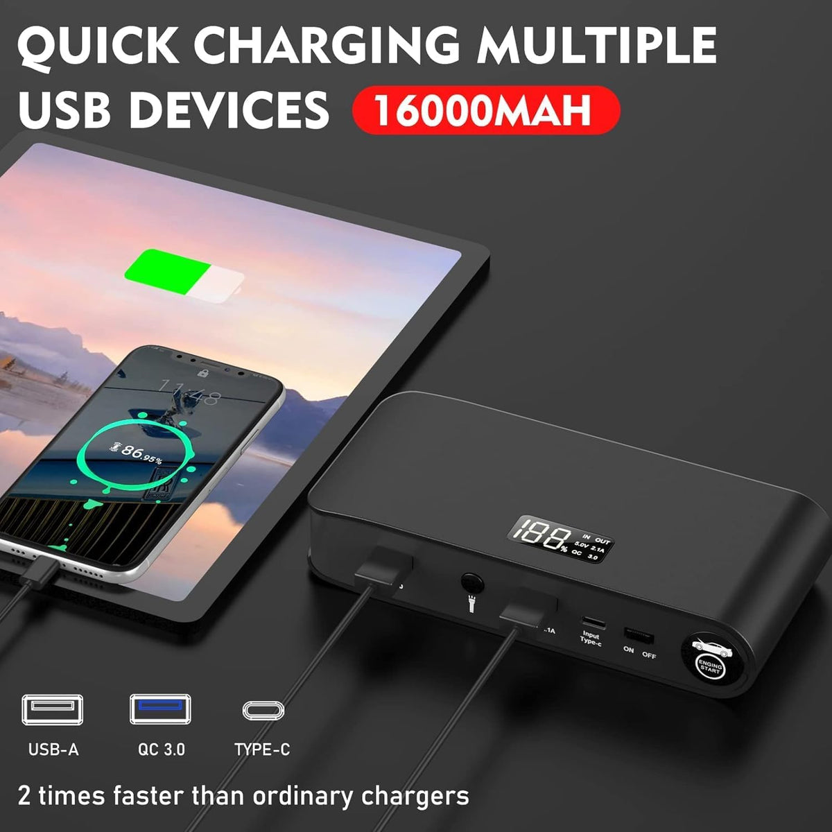 BOOKOO Car Battery Jump Starter 4000A,16000mAh Portable Battery Jumper Cables for Car 8L Gas 7L Diesel Engines,Jump Box with USB QC 3.0 PD 18W Fast Charging,3 LED Modes with SOS for Emergency Use