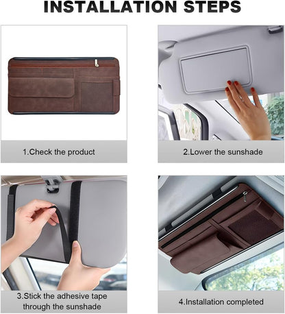 Car Sun Visor Organizer, Leather Sun Visor Pocket Organizer Case with Multi-Pocket Net Zipper, Suede Note Holder Car Visor Storage Pouch for Card Pen Sunglasses Document (Gray)