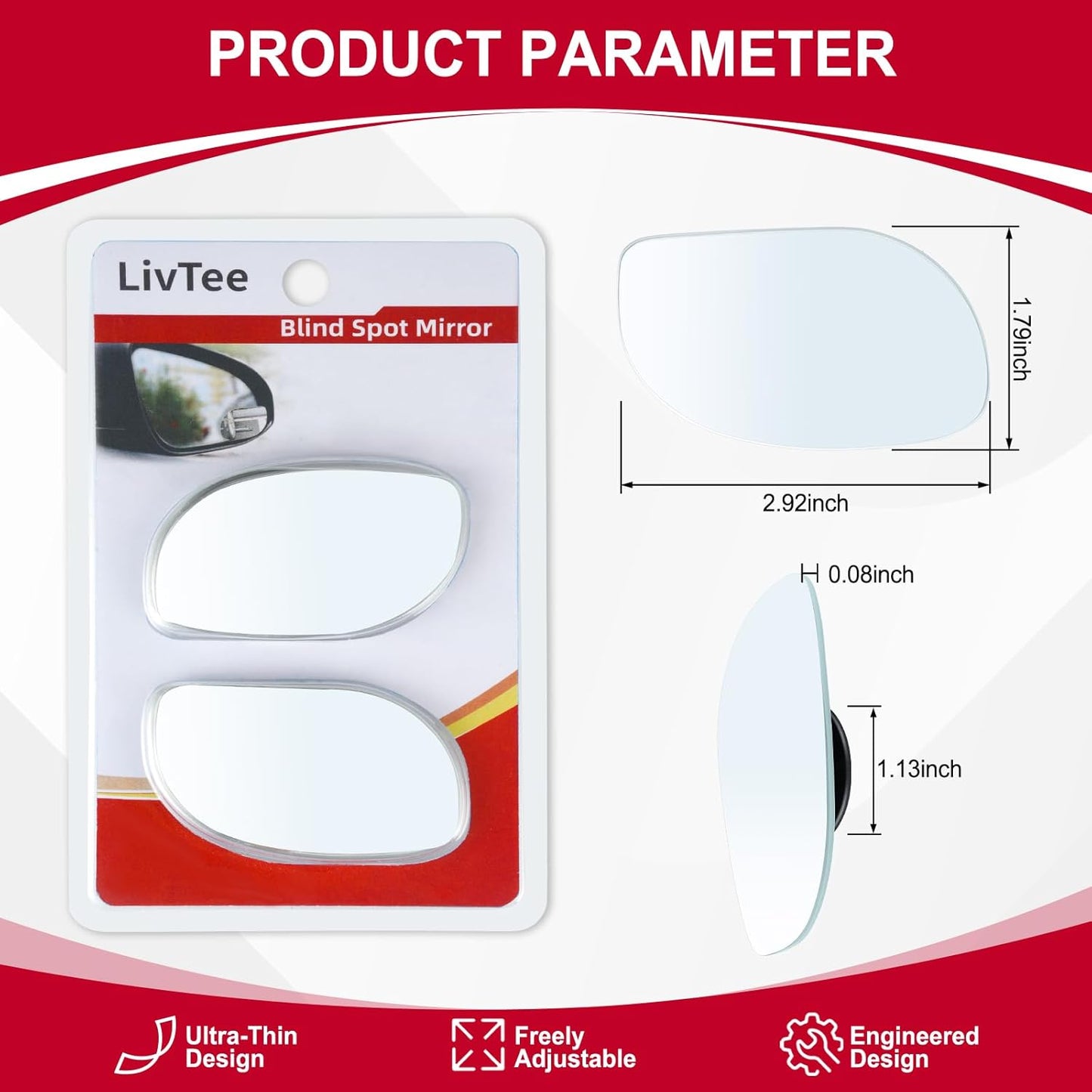LivTee Blind Spot Mirrors, HD Glass Frameless Convex Rear View Mirrors, Wide Angle Adjustable Stick for Side Mirror, Automotive Exterior Accessories for Car, SUV & Trucks, Pack of 2