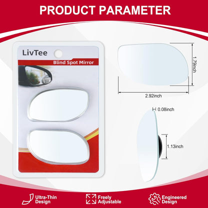 LivTee Blind Spot Mirrors, HD Glass Frameless Convex Rear View Mirrors, Wide Angle Adjustable Stick for Side Mirror, Automotive Exterior Accessories for Car, SUV & Trucks, Pack of 2