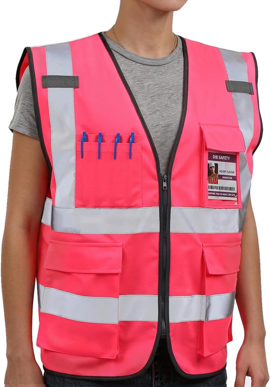 Dib Safety Reflective Safety Vest for Men Women, High Visibility Vest with Pockets and Zipper, ANSI Class 2