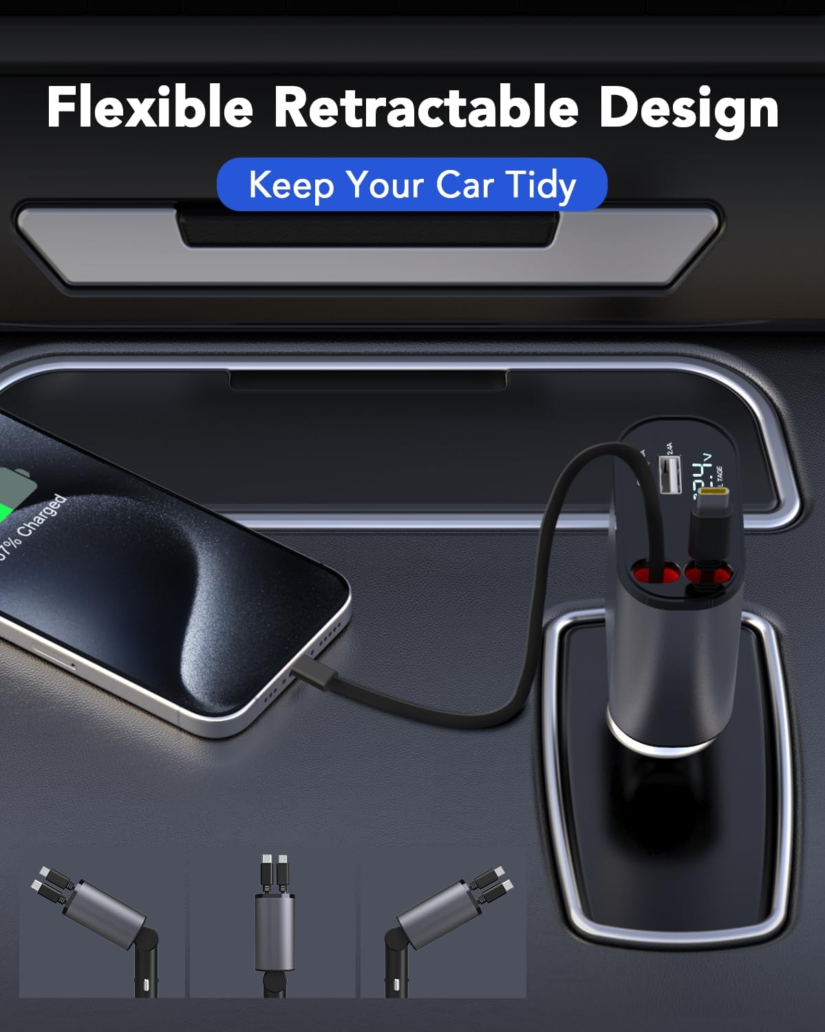 Retractable Car Charger,Car Phone Charger USB C Fast Charge,Cigarette Lighter USB Charger Car Accessories for Women,Road Trip Essentials Gift for Men,Car Charger for iPhone 17/16/15,Galaxy S26,Pixel