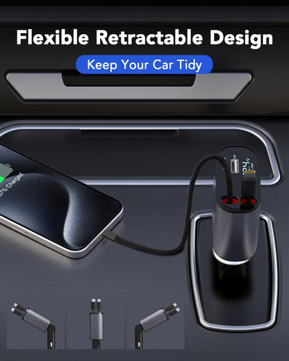 Retractable Car Charger,Car Phone Charger USB C Fast Charge,Cigarette Lighter USB Charger Car Accessories for Women,Road Trip Essentials Gift for Men,Car Charger for iPhone 17/16/15,Galaxy S26,Pixel