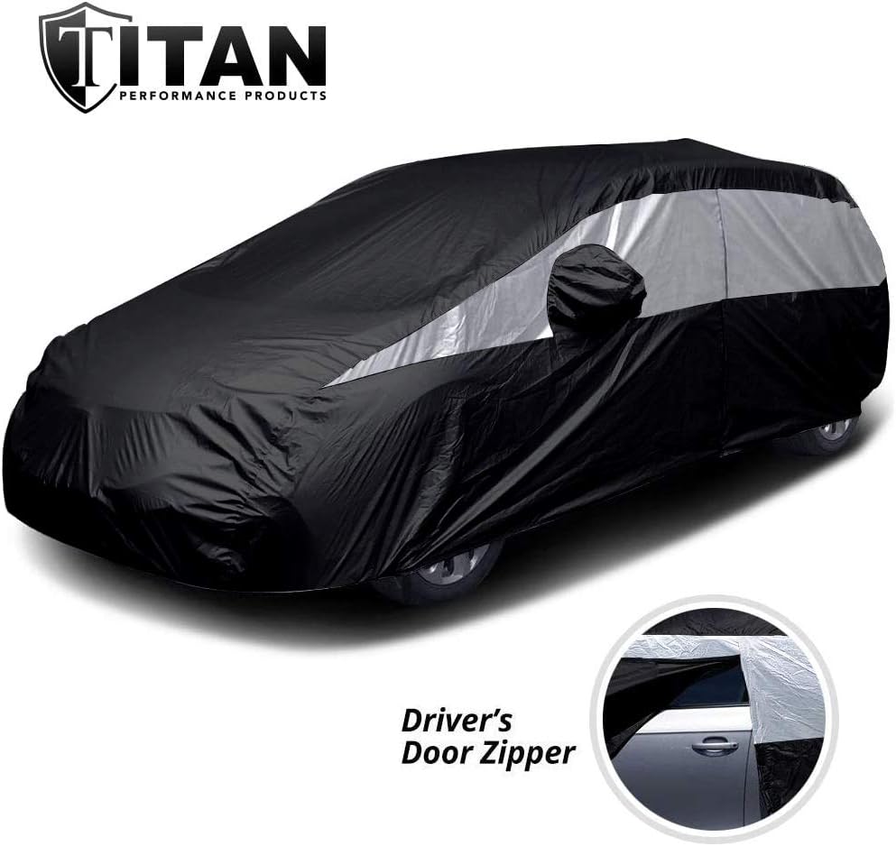 Titan Jet Black Poly 210T Car Cover for Sedans 186-202". Waterproof, UV Protection, Scratch Resistant, Driver-Side Zippered Opening. Fits Camry, Accord and More.