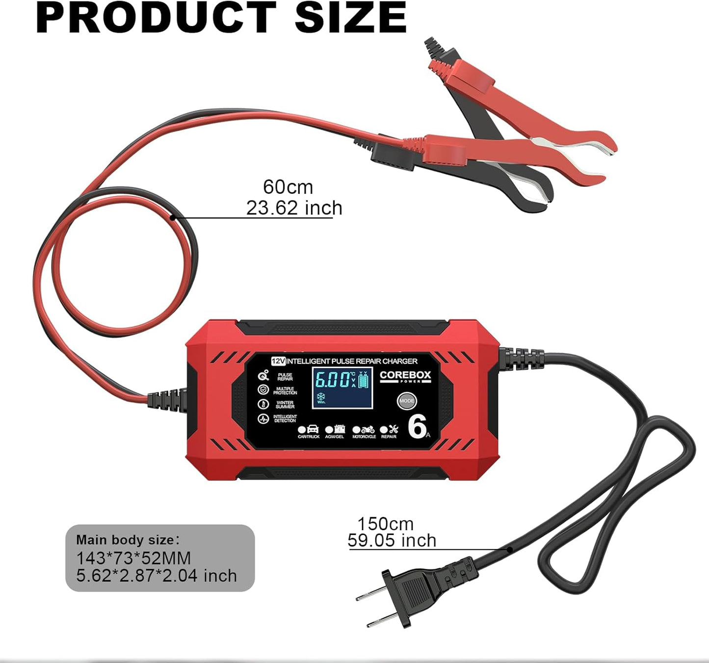 Corebox Battery Charger 6-Amp 12V Automatic Smart Battery Trickle Charger, Battery Maintainer Desulfator with Temperature Compensation for Car Truck Motorcycle Lawn Mower Marine