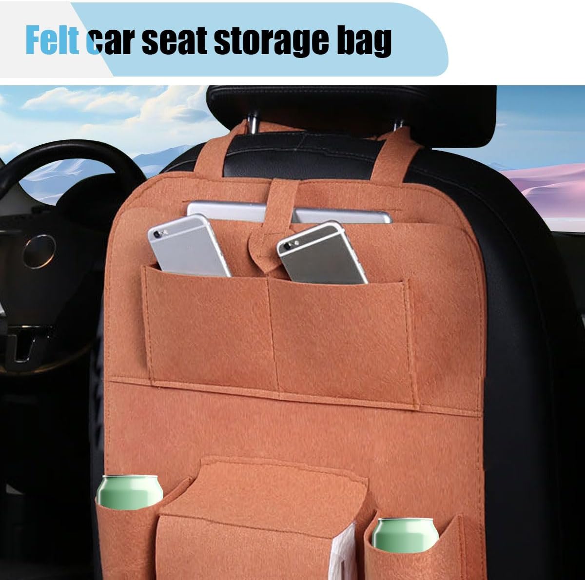 LAINLOY Felt Car Seat Back Organizer, Kick Mats Car Back Seat Protector for Kids, 6-Pocket Storage for Tissue, Box, Pen, Toy, Automobile Road Trip Accessories for SUV, RV, Truck (Black)