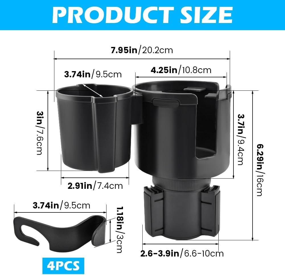 1 Pack Car Cup Holder Expander 2 in 1 Adapter with Expandable Base, Car-Seat Headrest Hook 4 Pack Hanger Storage Organizer fit Universal Vehicle Car Mugs in 2.2"-4.6" (10-46oz)